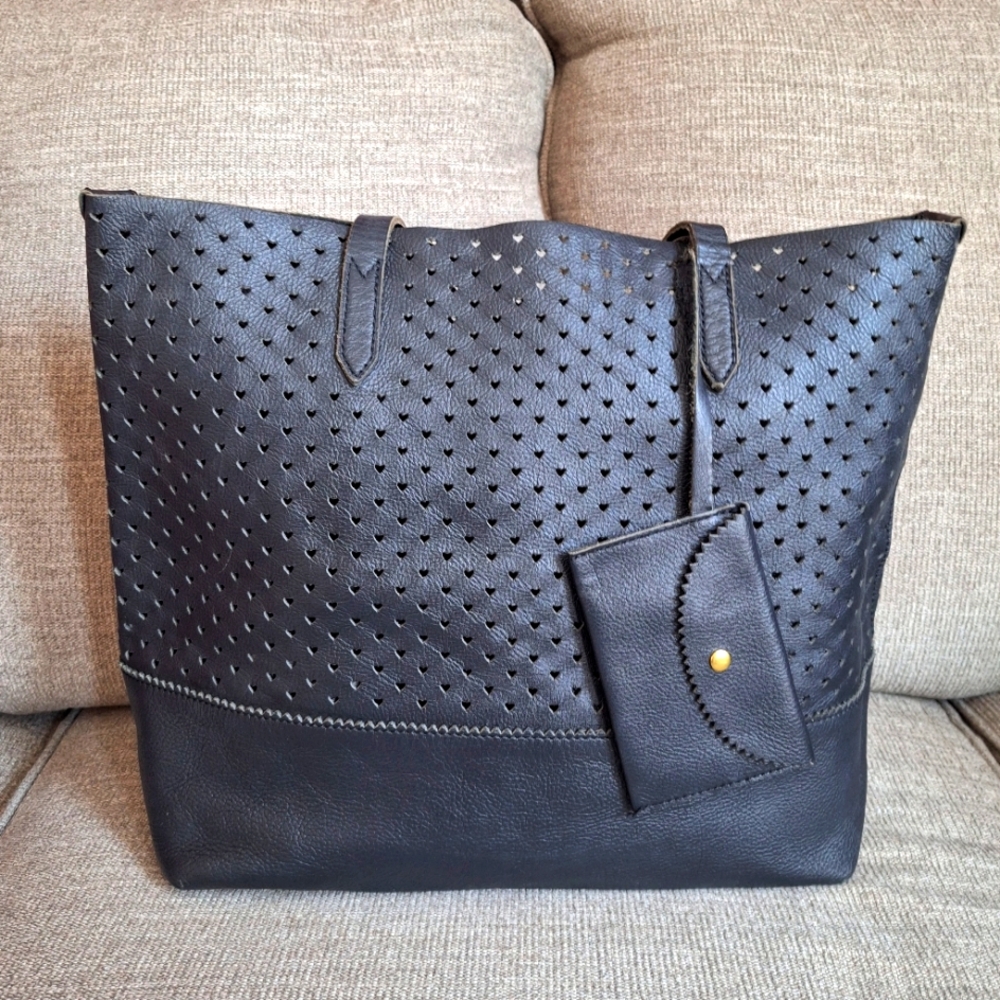 J. Crew Large Heart Perforated Tote Bag Black 100% Leather with Holder